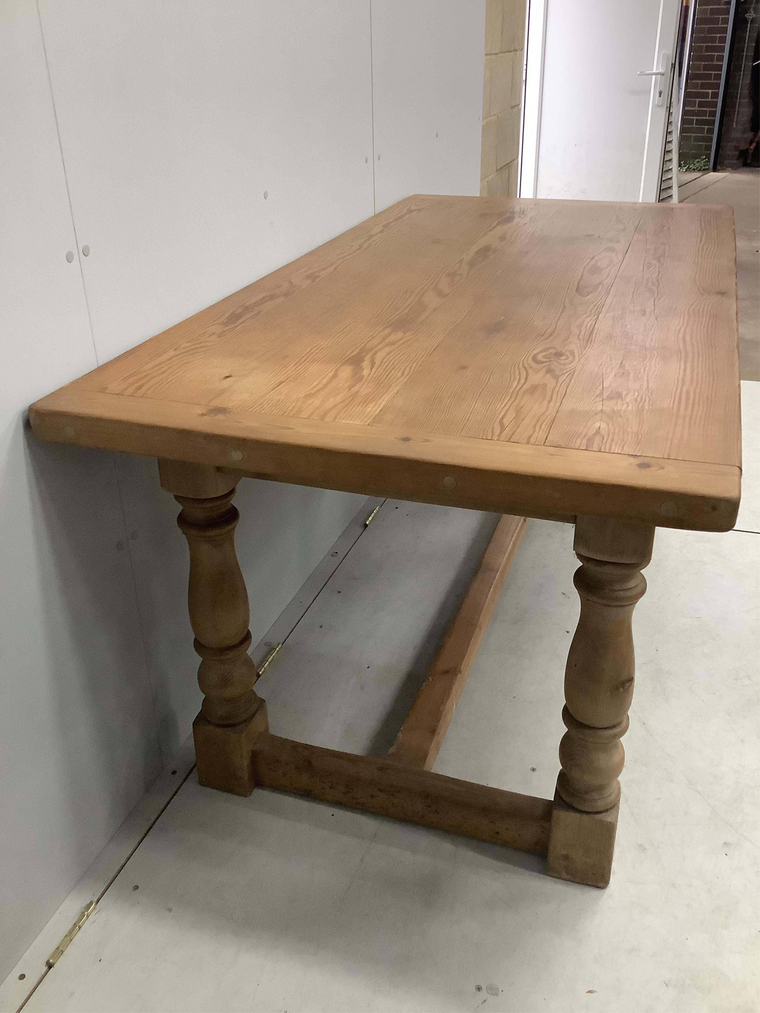 An 18th century style rectangular pine refectory dining table, width 171cm, depth 85cm, height 76cm together with five Victorian style dining chairs. Condition - fair to good